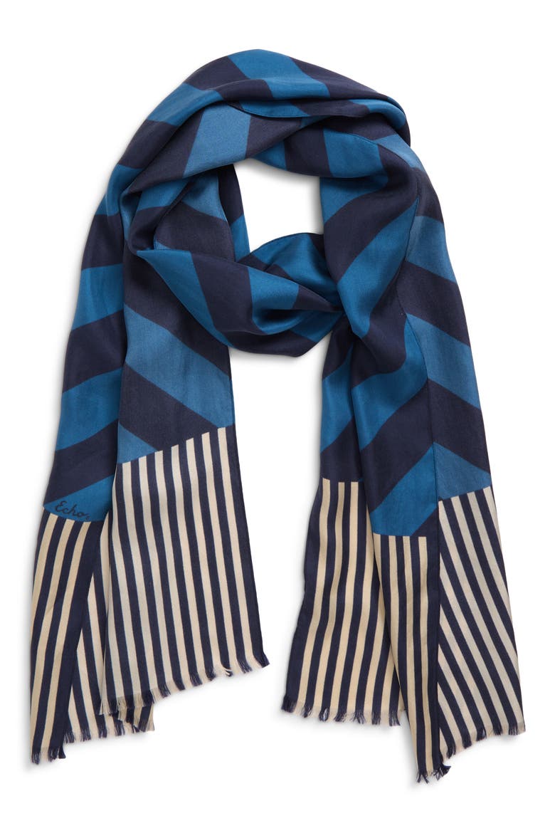 Striped Silk Oblong Scarf, Alternate, color, NAVY