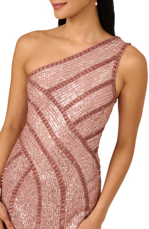Adrianna Papell Beaded One-shoulder Mesh Gown In Pink