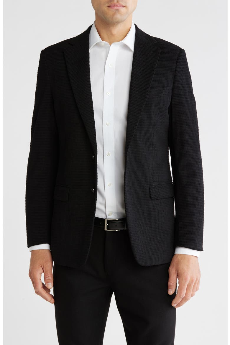 Slim Fit Solid Cotton Blend Textured Blazer, Main, color, BLACK