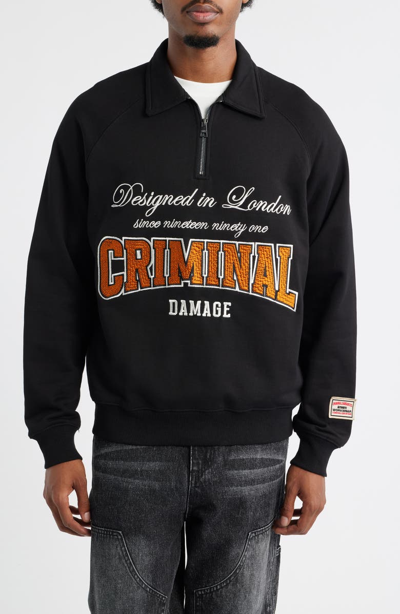 CRIMINAL DAMAGE Two Lives Oversize Half Zip Polo Sweatshirt, Main, color, Black