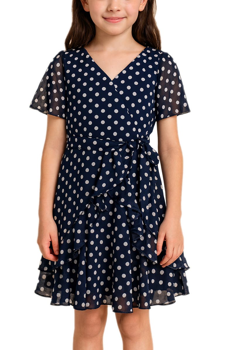 Zunie Kids' Chiffon Faux Wrap Dress, Alternate, color, Navy/ White/ Dot