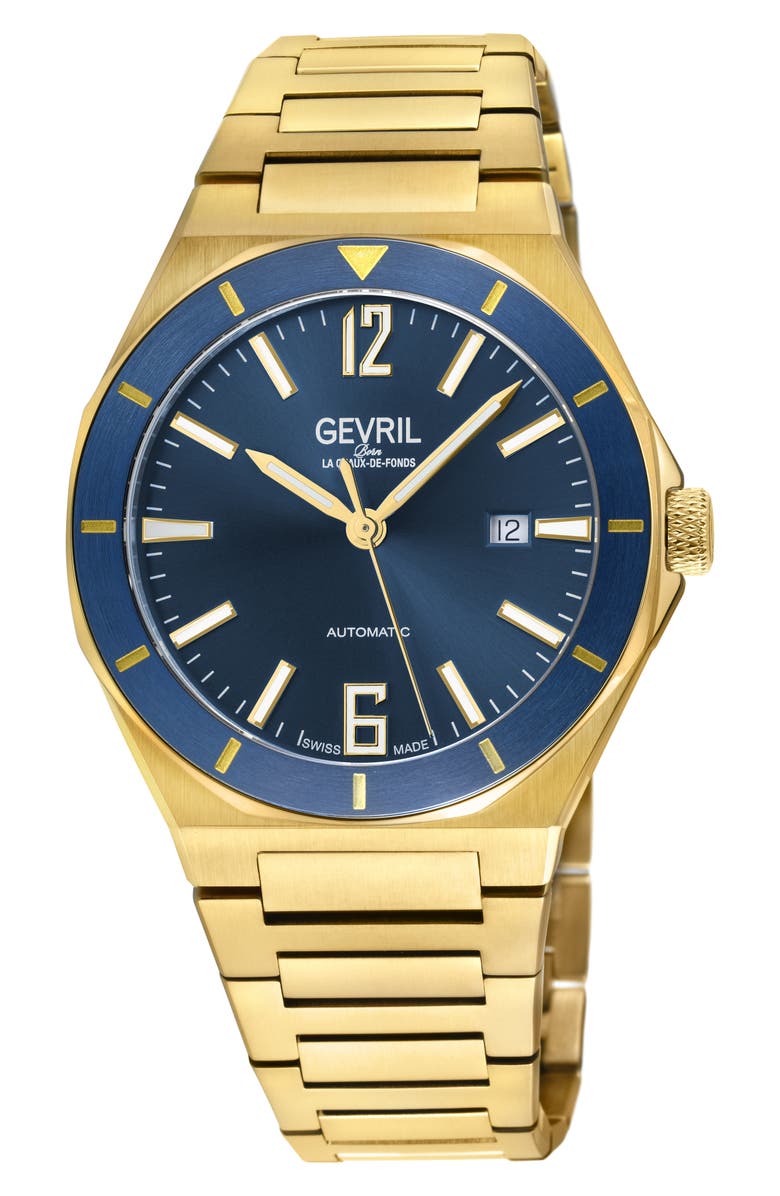 GEVRIL Goldtone High Line Automatic Bracelet Watch, 43mm, Main, color, 