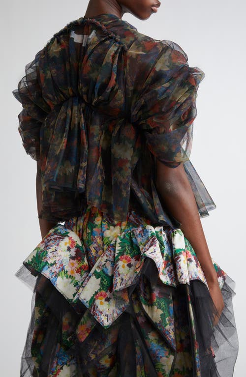 Tao Comme Des Garçons Gathered Tulle & Floral Print Cotton Top