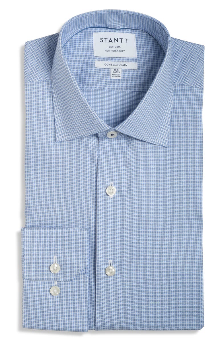 Stantt Contemporary Fit Wrinkle Resistant Cotton Dobby Dress Shirt, Main, color, Navy