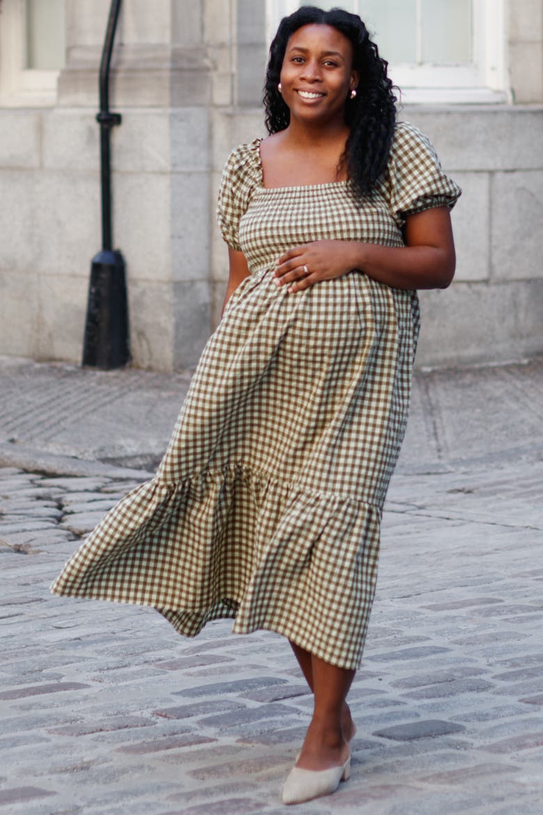 Gingham Smocked Midi Dress, Alternate, color, Olive Green