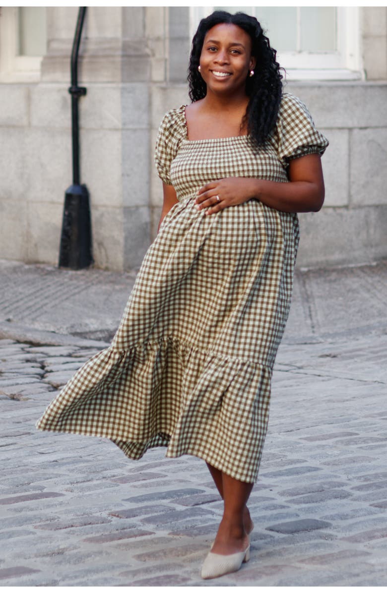 PinkBlush Gingham Smocked Midi Dress, Alternate, color, Olive Green