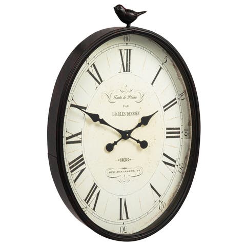 Oval Metal Wall Clock with Bird, Antique Bronze