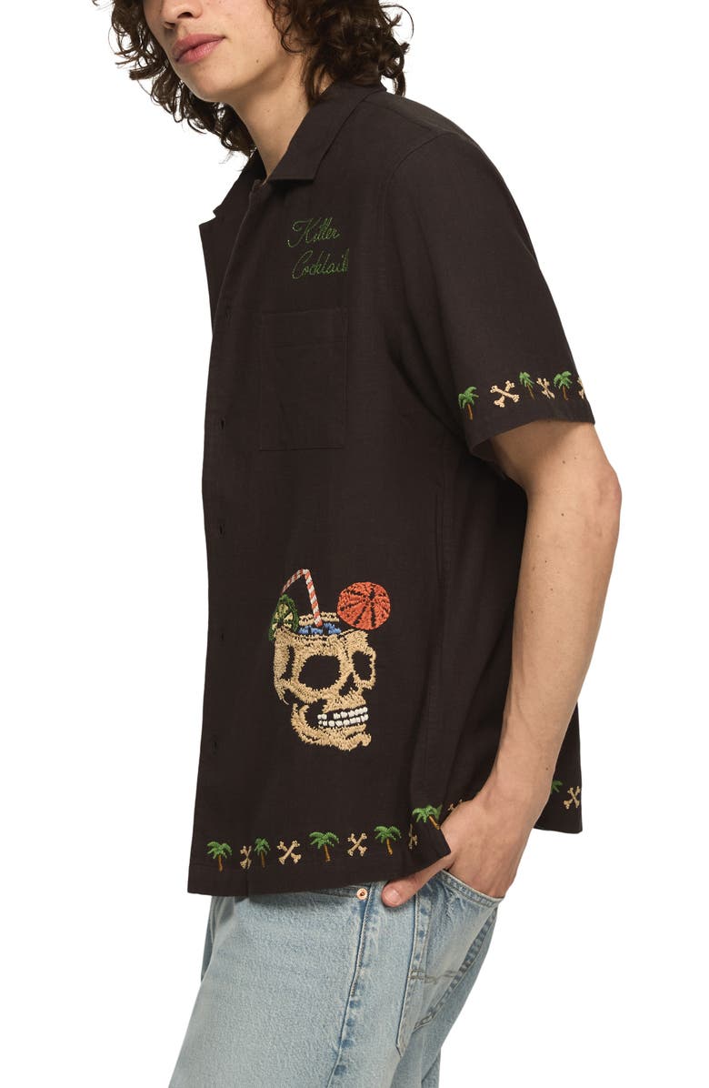 Lucky Brand Embroidered Cotton Camp Shirt, Alternate, color, Pirate Black