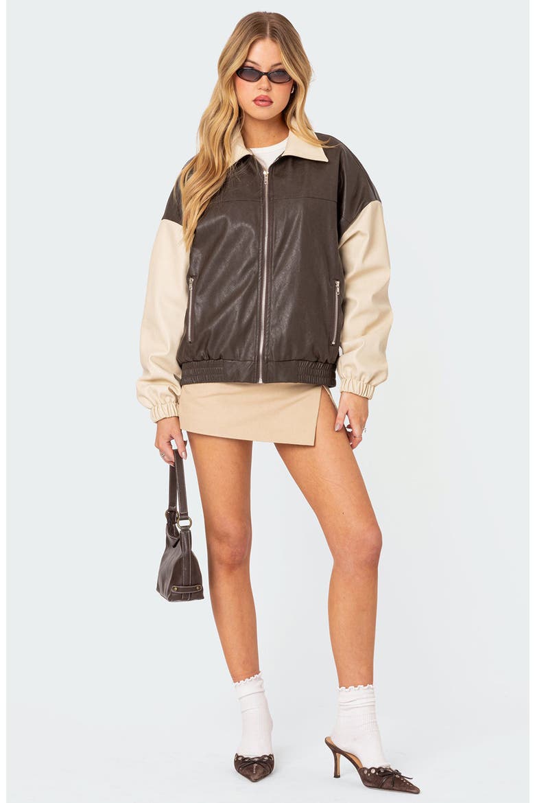 Oversize Colorblock Faux Leather Bomber Jacket, Alternate, color, BROWN