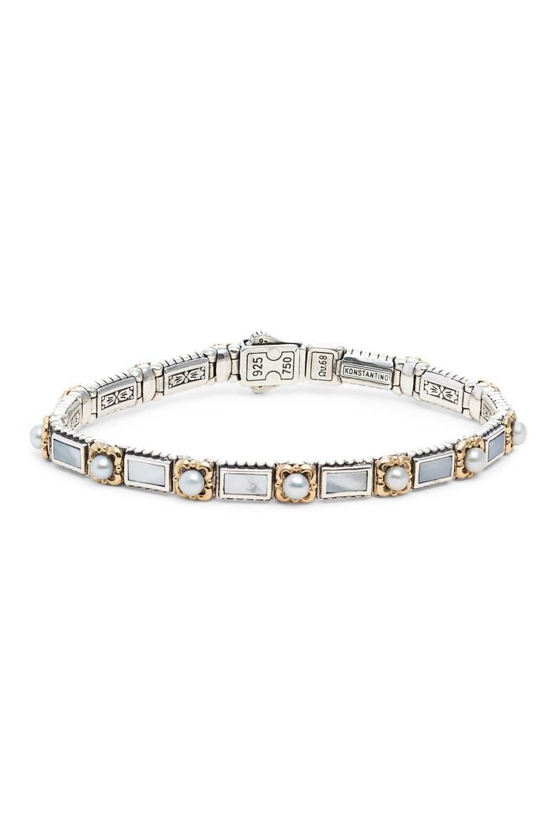 Etched Silver & Pearl Link Bracelet, Main, color, SILVER/ GOLD/ / WHITE