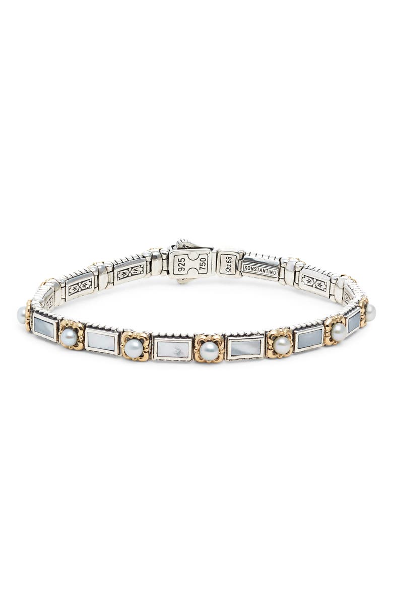 Konstantino Etched Silver & Pearl Link Bracelet, Main, color,