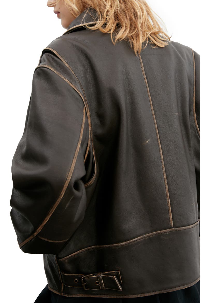 Oversize Distressed Leather Jacket, Alternate, color, BROWN