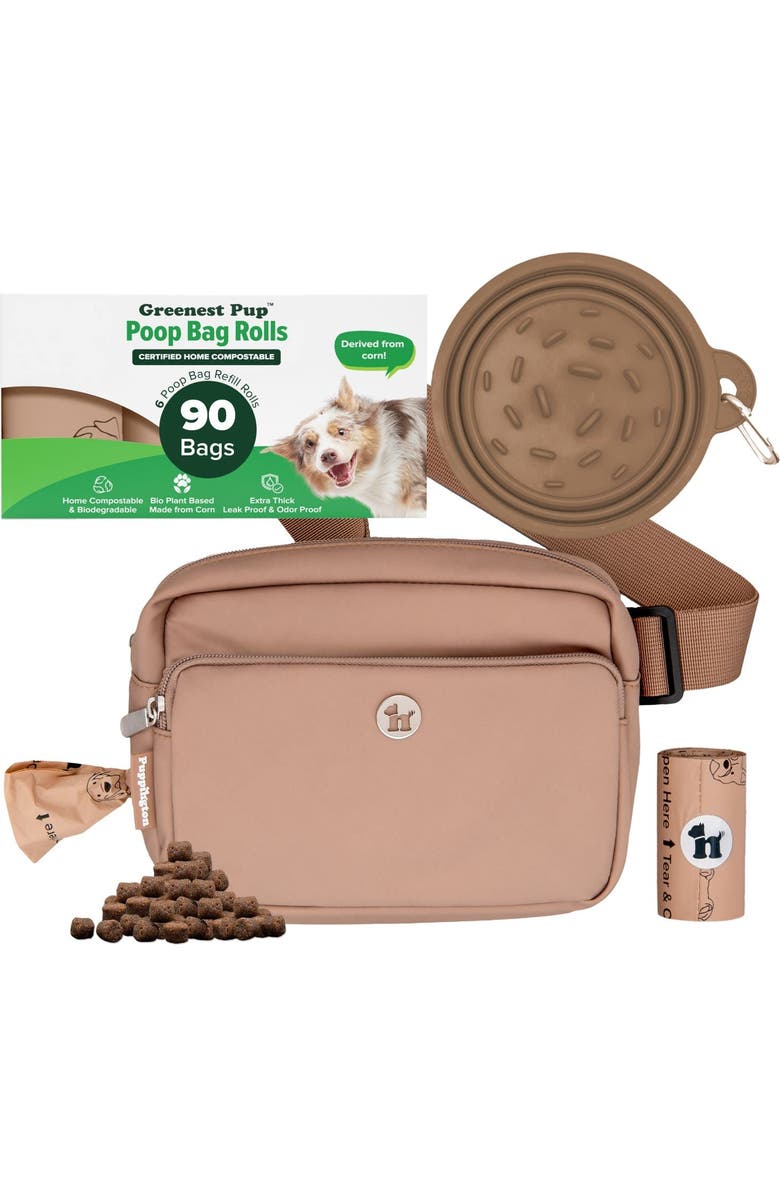 Puppington Walk Star Kit 3-in-1 Dog Walk Bag & Bowl plus Matching 90 Refill Dog Waste Bags, Main, color, Latte Beige