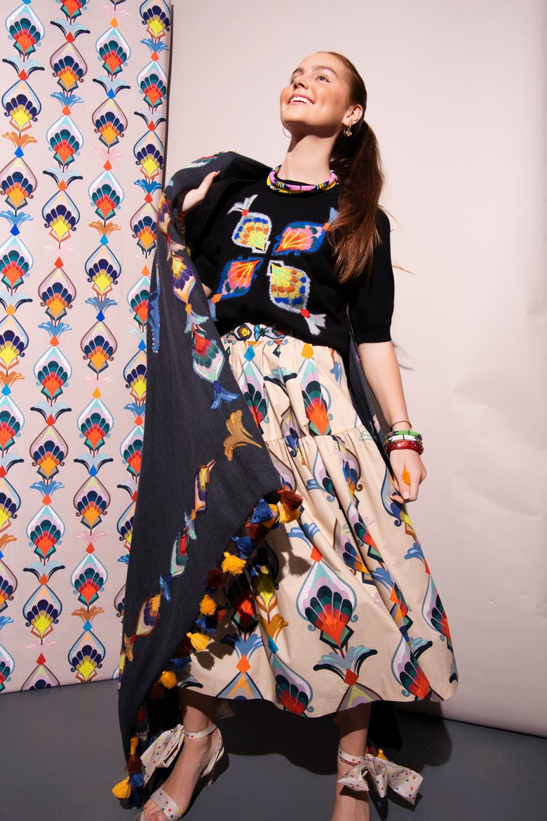 Hand Embroidered Scarf With Tassels, Alternate, color, Black Multicolour