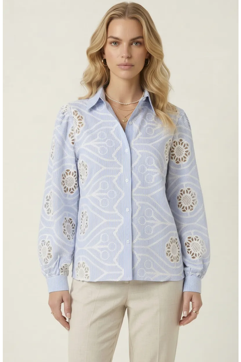 Striped Eyelet Button Down Shirt, Main, color, Light Blue / White
