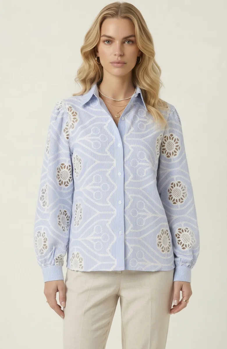 Modenaire Striped Eyelet Button Down Shirt, Main, color, Light Blue / White