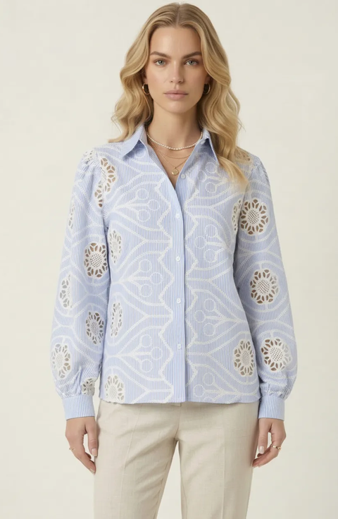 Striped Eyelet Button Down Shirt