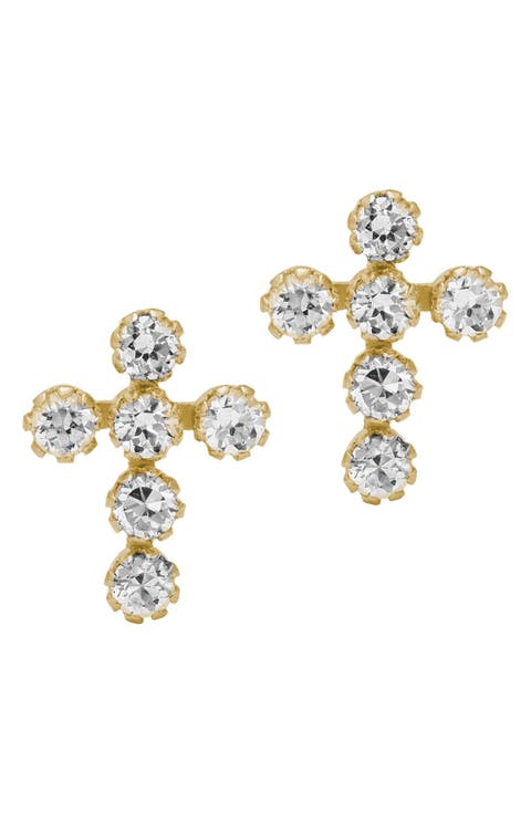14k Gold & Cubic Zirconia Cross Earrings (Girls)