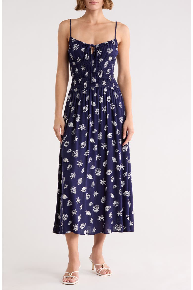Shell Print Midi Sundress, Main, color, NAVY