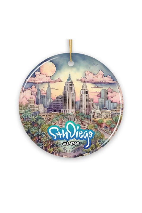 San Diego Watercolor Skyline Ceramic Ornament