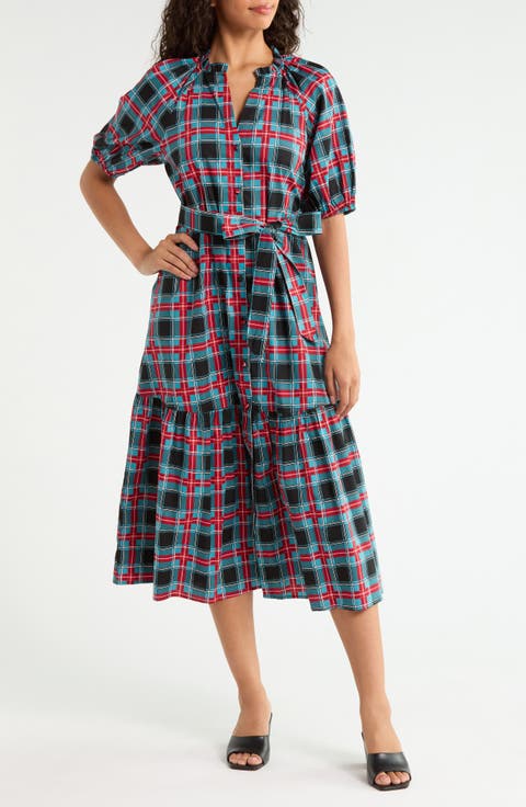 Wynette Plaid Tiered Cotton Midi Shirtdress