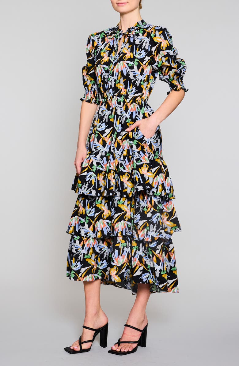 MELLODAY Puff Sleeve Tiered Midi Dress, Alternate, color, 