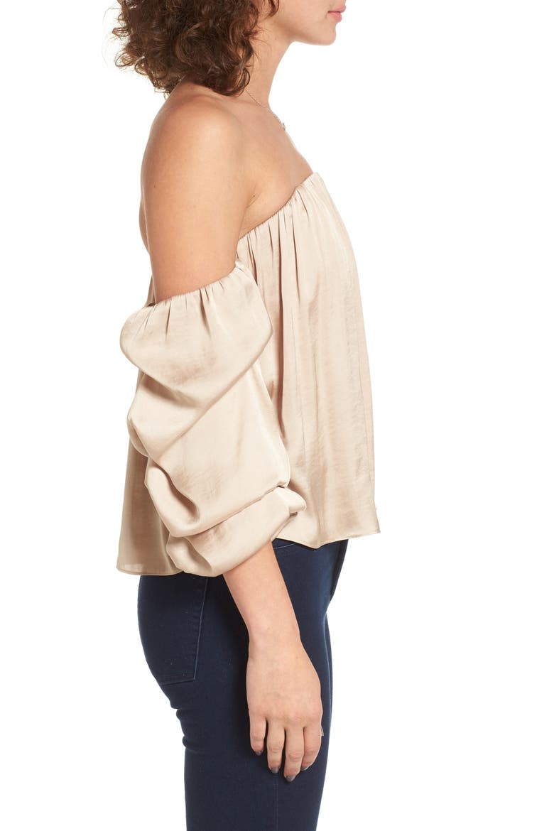 Gathered Satin Off-the-Shoulder Top, Alternate, color, TAN WARM