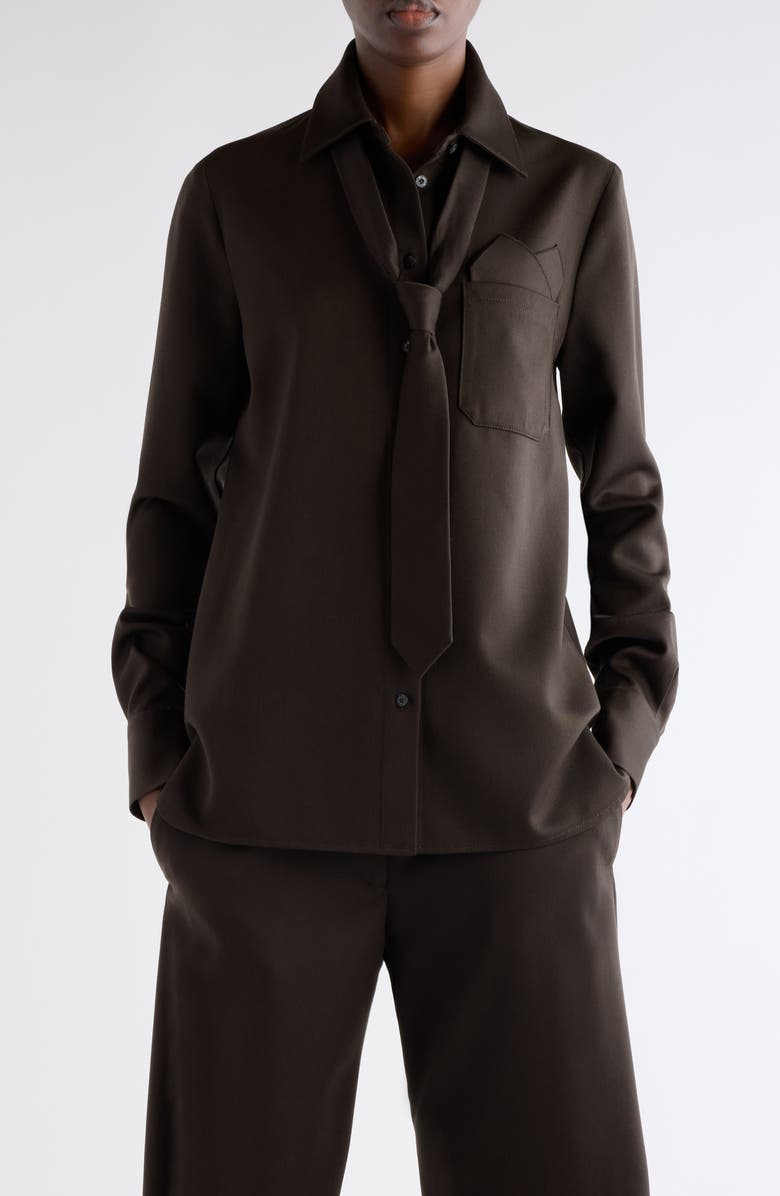 Acne Studios Som Tie Detail Wool Gabardine Button-Up Shirt, Main, color, Brown