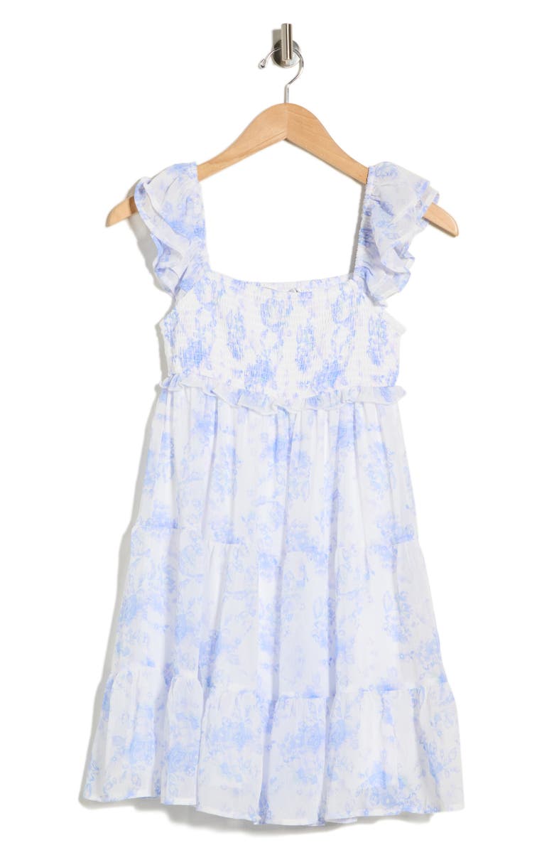 Madden Girl Ruffle Smocked Tiered Minidress, Main, color, Cream Blue