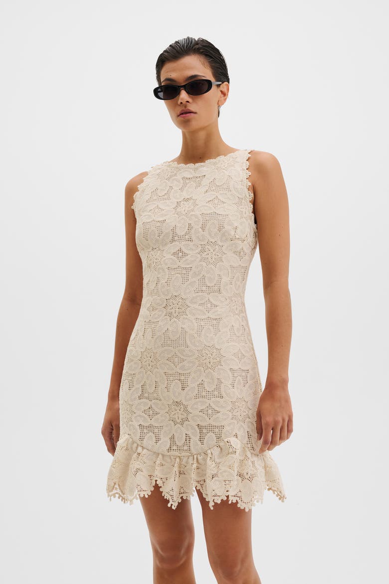 Miranda Ruffled Guipure Lace Mini Dress, Alternate, color, Sand