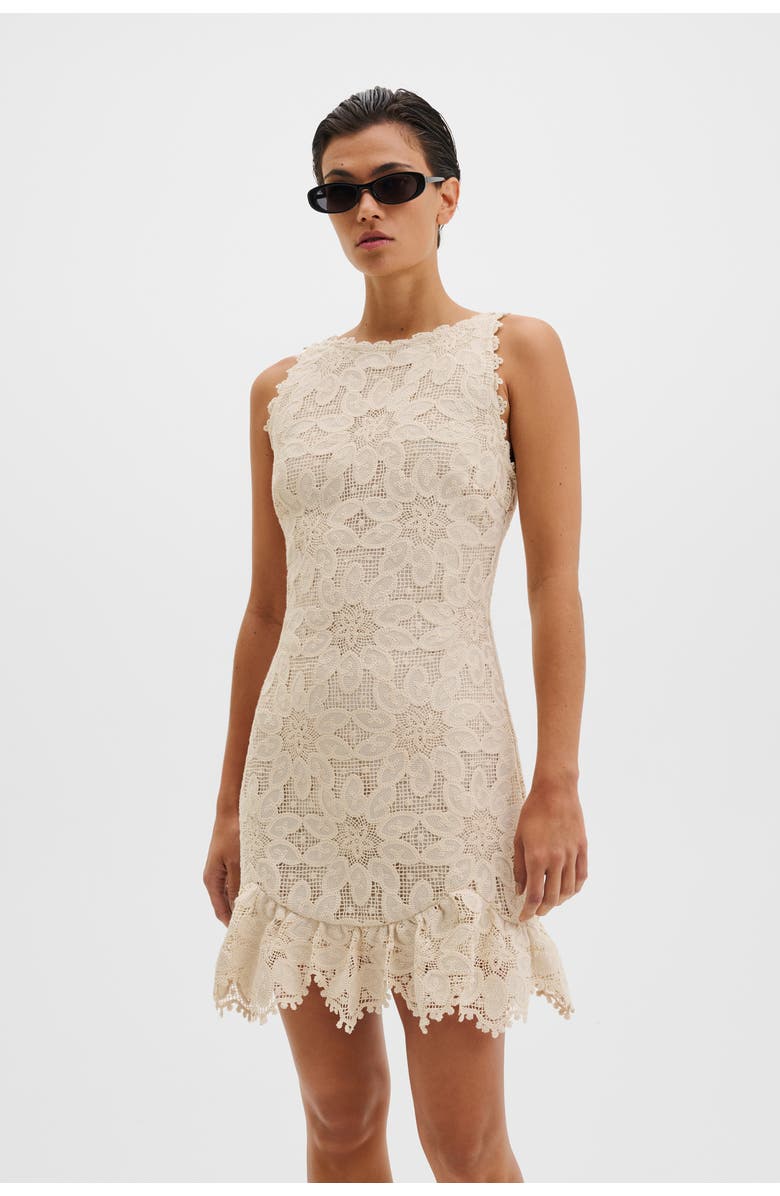 Malina Miranda Ruffled Guipure Lace Mini Dress, Alternate, color, Sand