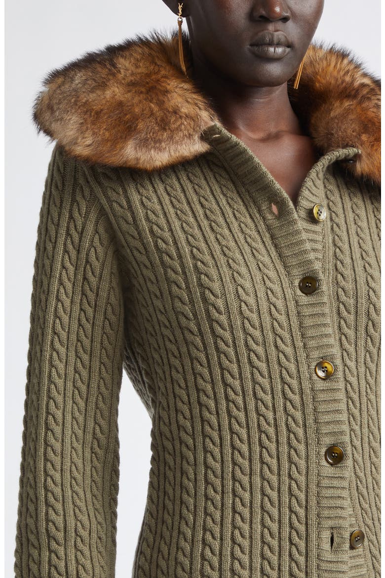 Genuine Shearling Trim Cashmere Cable Cardigan, Alternate, color, KAKI/ FAUVE