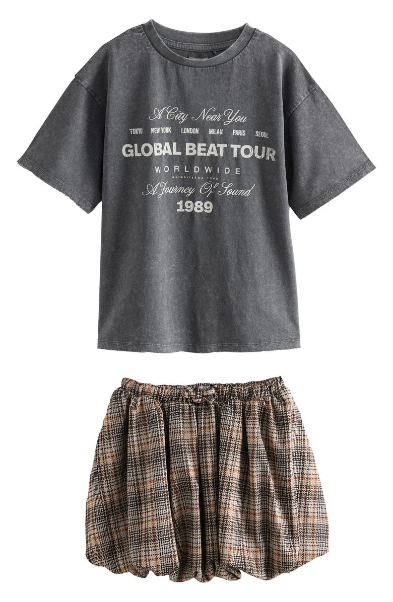 NEXT Kids' Graphic T-Shirt & Plaid Bubble Hem Skirt Set, Main, color, Grey