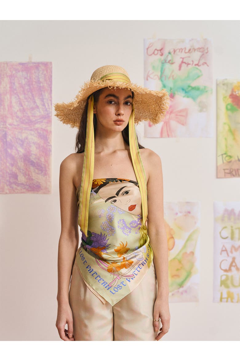 FRIDA x LOST PATTERN "Frida's Garden" Straw Hat with Ribbon Tie, Alternate, color, Green