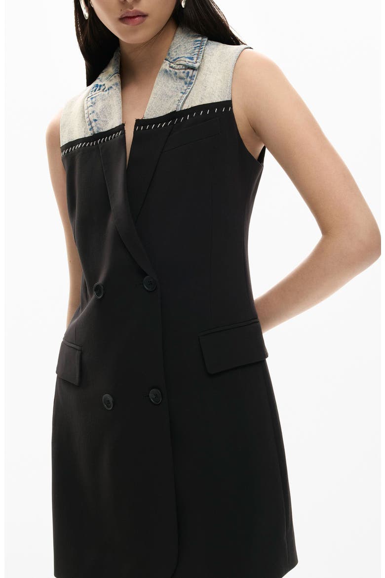 Mixed Media Sleeveless Double Breasted Blazer Minidress, Alternate, color, BLACK