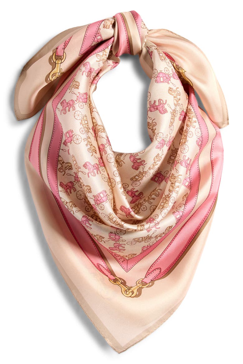 Horse & Carriage Print Silk Square Scarf, Main, color, TAUPE