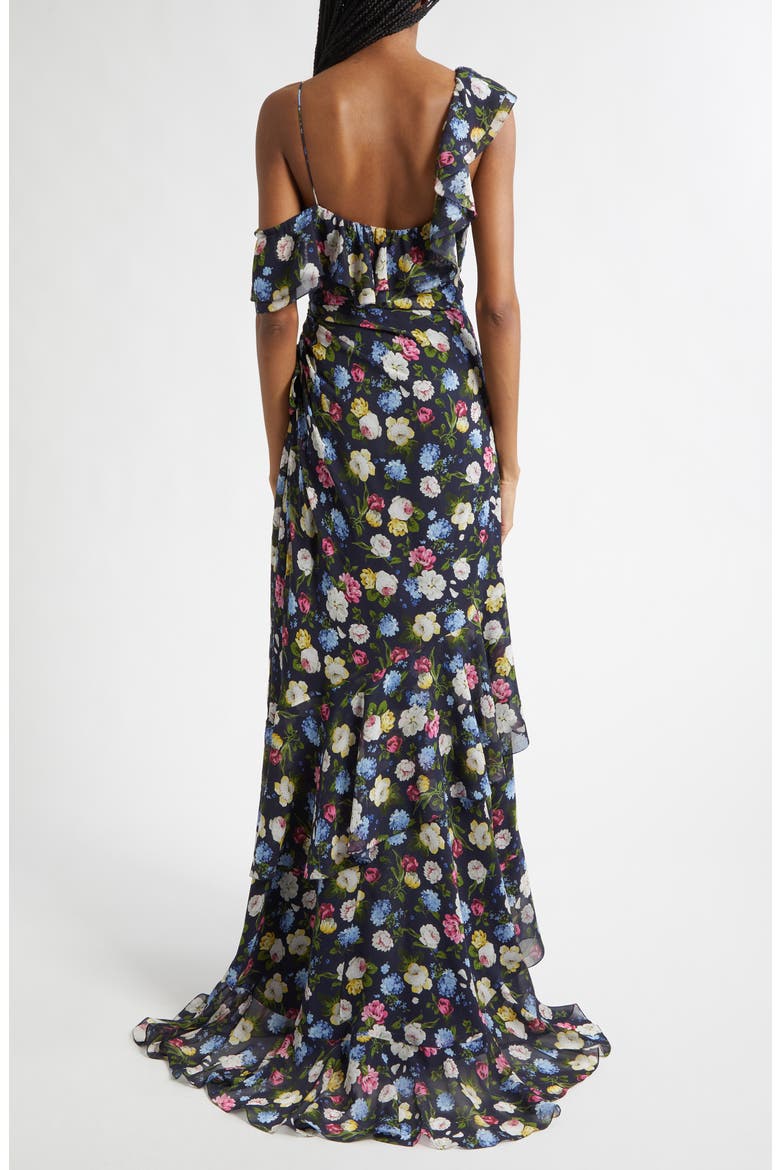 Floral Print Ruffle Asymmetric Silk Gown, Alternate, color, MIDNIGHT MULTI