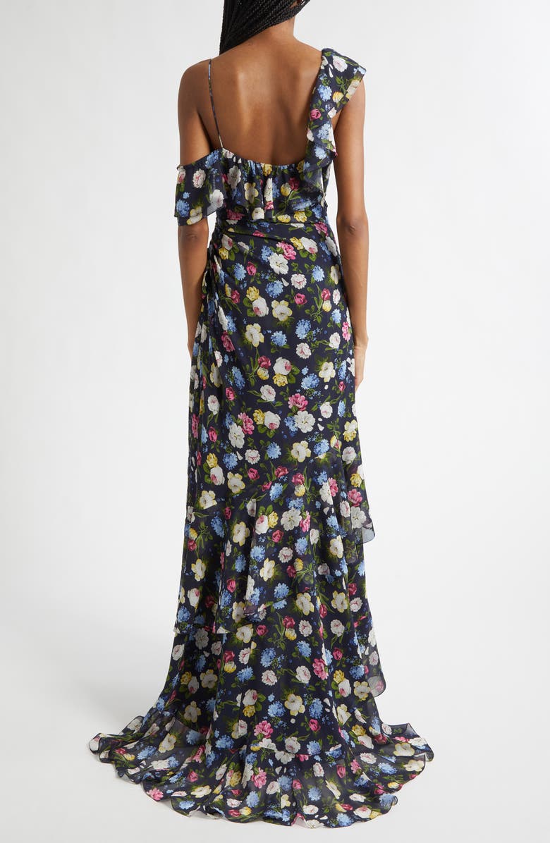 Carolina Herrera Floral Print Ruffle Asymmetric Silk Gown, Alternate, color, Midnight Multi
