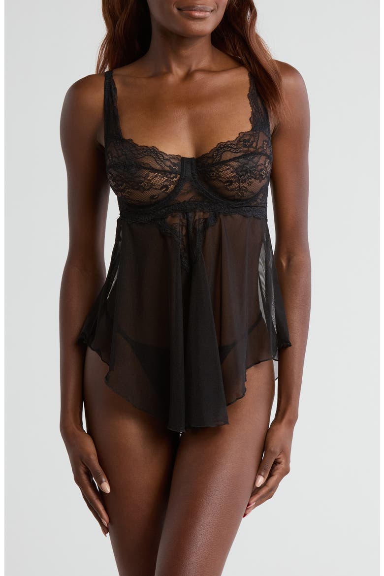Lace Underwire Babydoll Chemise & G-String Set, Main, color, BLACK
