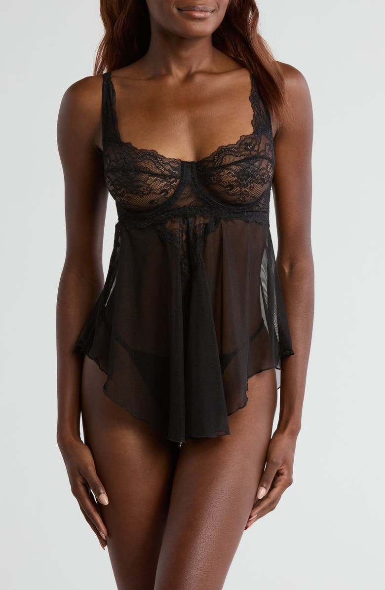 Coquette Lace Underwire Babydoll Chemise & G-String Set, Main, color, Black
