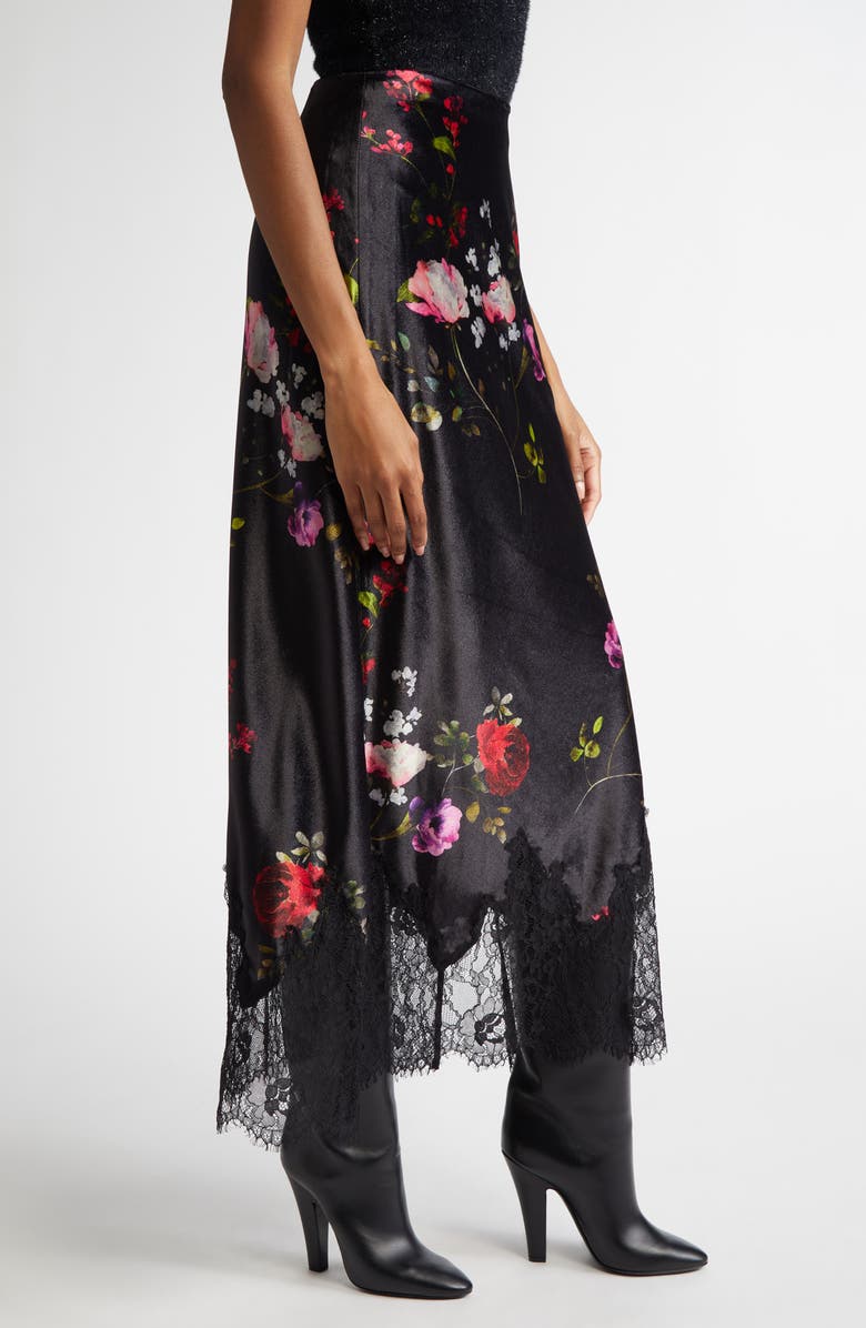 Alice + Olivia Mauve Floral Lace Trim Velvet Slip Skirt, Alternate, color,