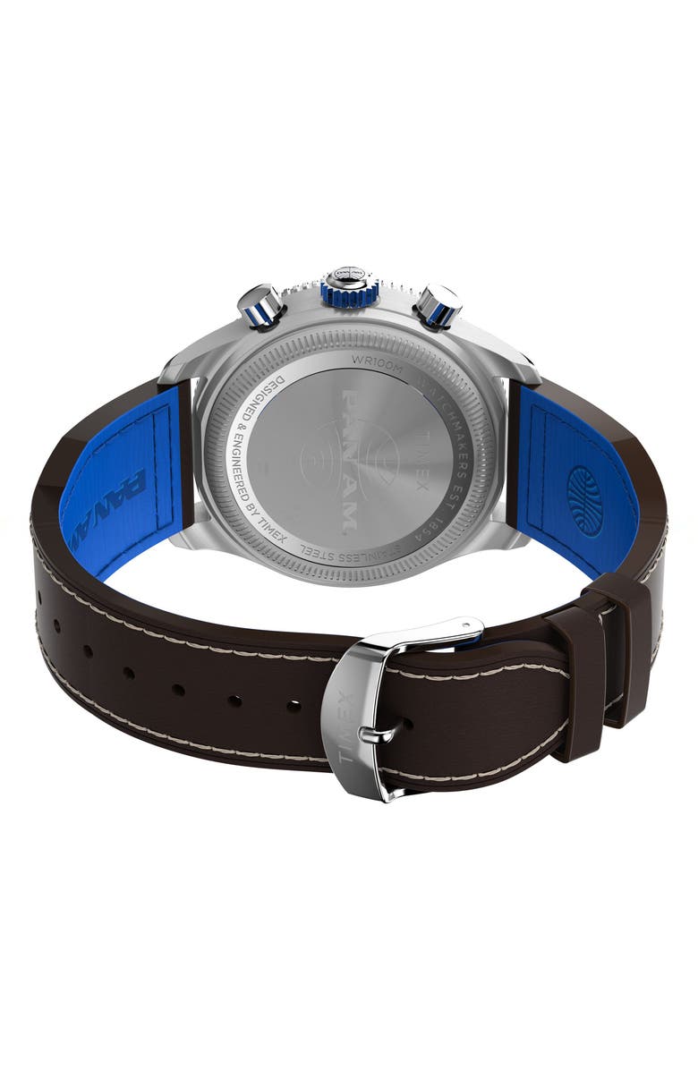 Timex<sup>®</sup> x Pan Am<sup>®</sup> Waterbury Fly Back Chronograph Leather Strap Watch, 43mm, Alternate, color,