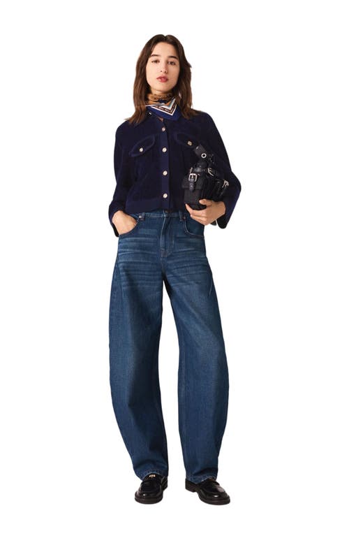 Maje Womens Navy Button-down Cropped Stretch-velvet Jacket In Blue