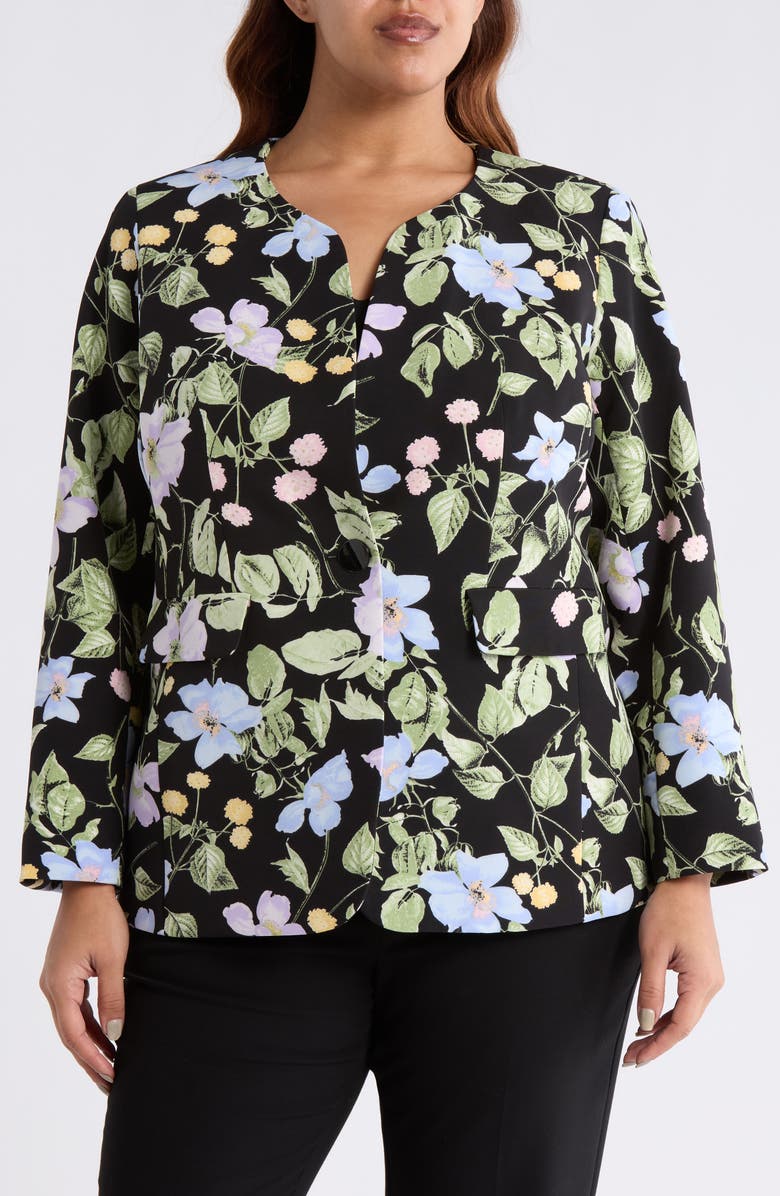 KASPER Floral Print One-Button Jacket, Alternate, color, Black Multi