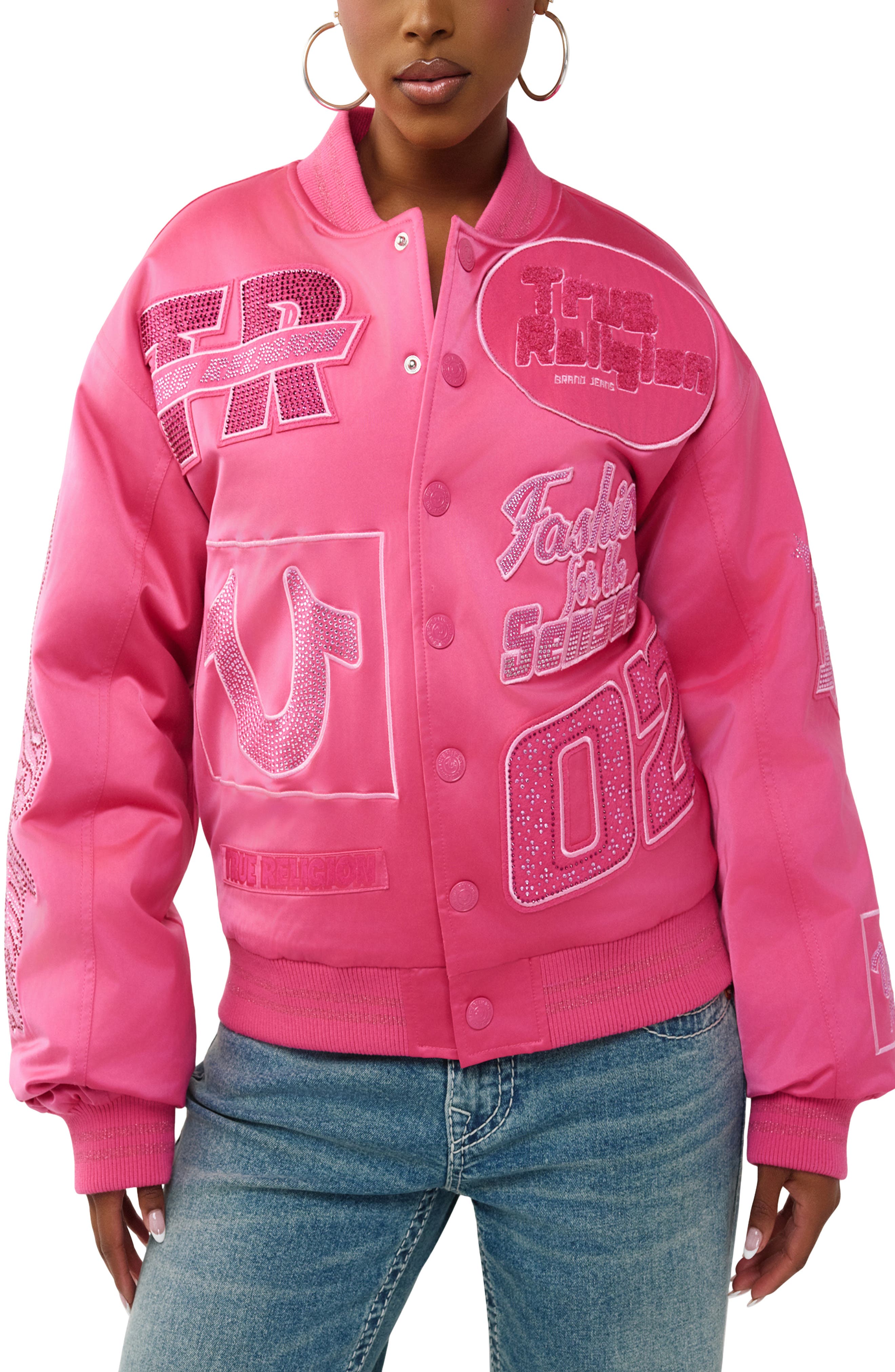 Rhinestone Embellished Logo Bomber Jacket