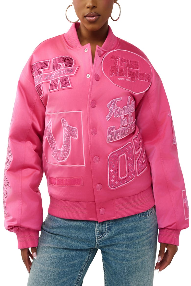 Rhinestone Embellished Logo Bomber Jacket (Women) | Nordstrom