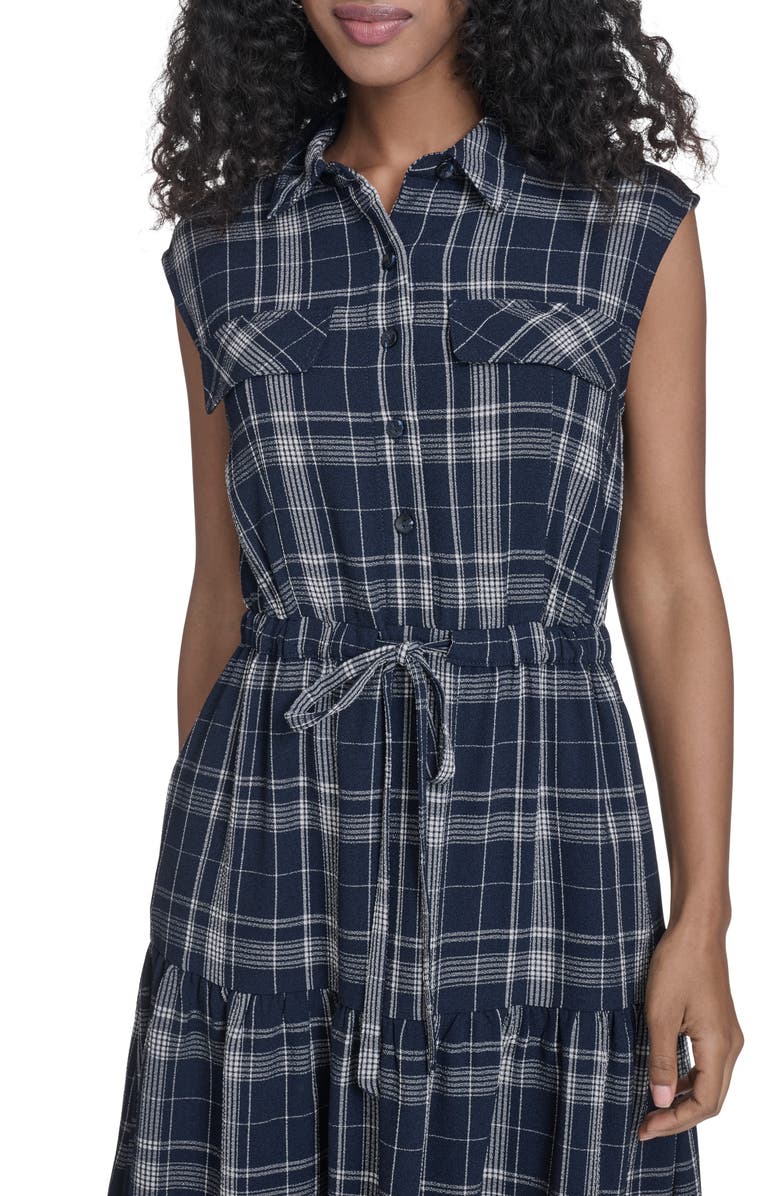 Calvin Klein Plaid Sleeveless Tiered Midi Dress, Alternate, color, Indigo/ White