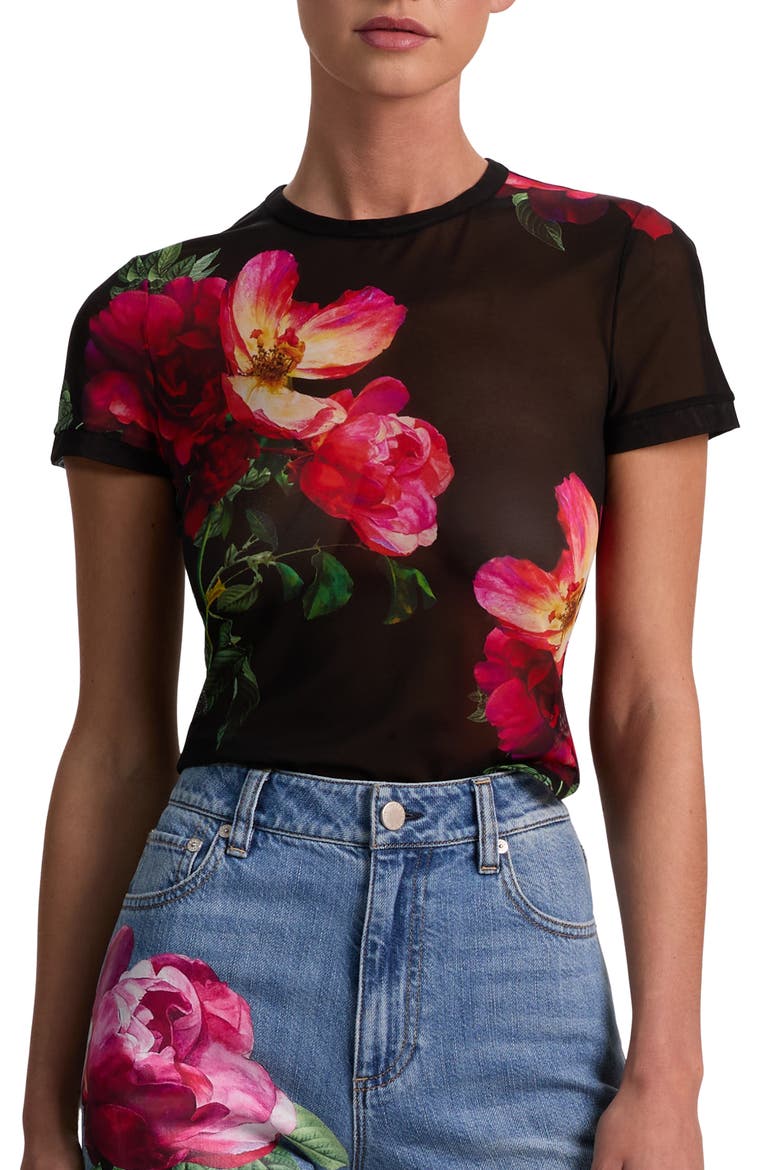 Tess Floral Mesh T-Shirt, Main, color, EMPRESS BLOOM BLACK