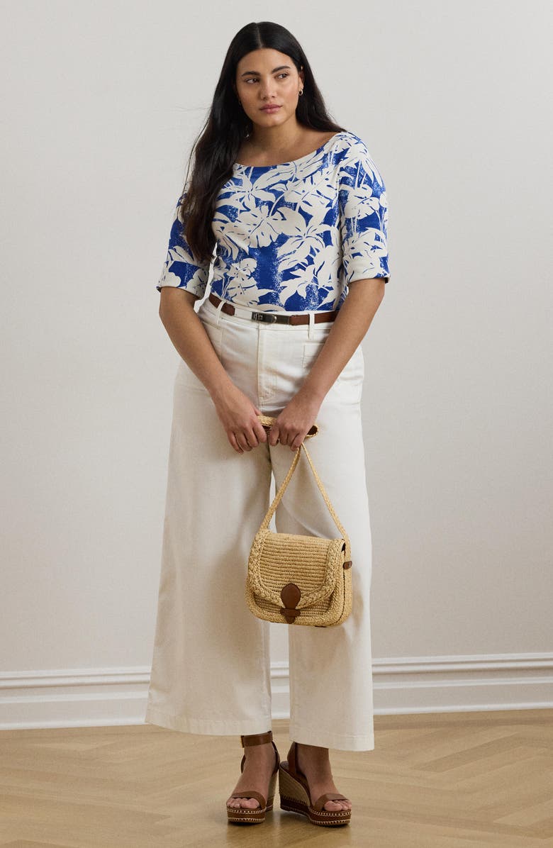 Lauren Ralph Lauren Palm Front Print Stretch Cotton Boatneck T-Shirt, Alternate, color,