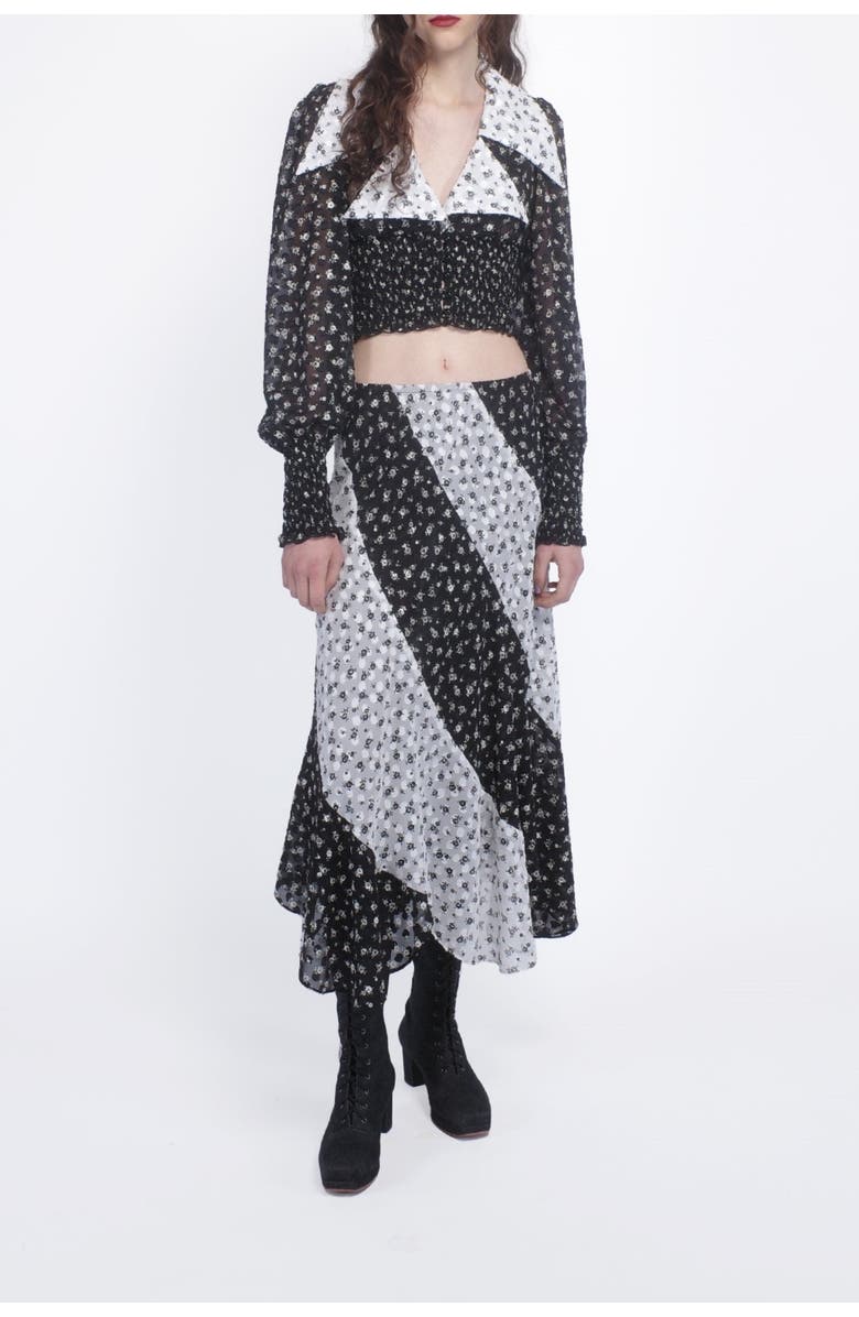 Anna Sui Ditsy Dot Chiffon Contrast Flowy Skirt, Alternate, color, Black/White Multi